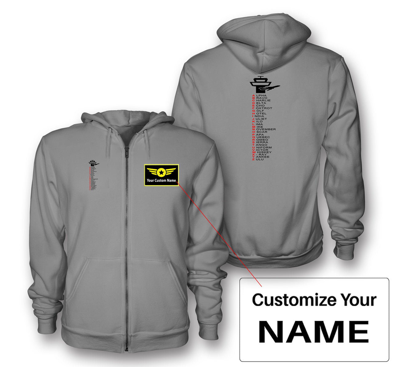 Aviation Alphabet Designed Zipped Hoodies