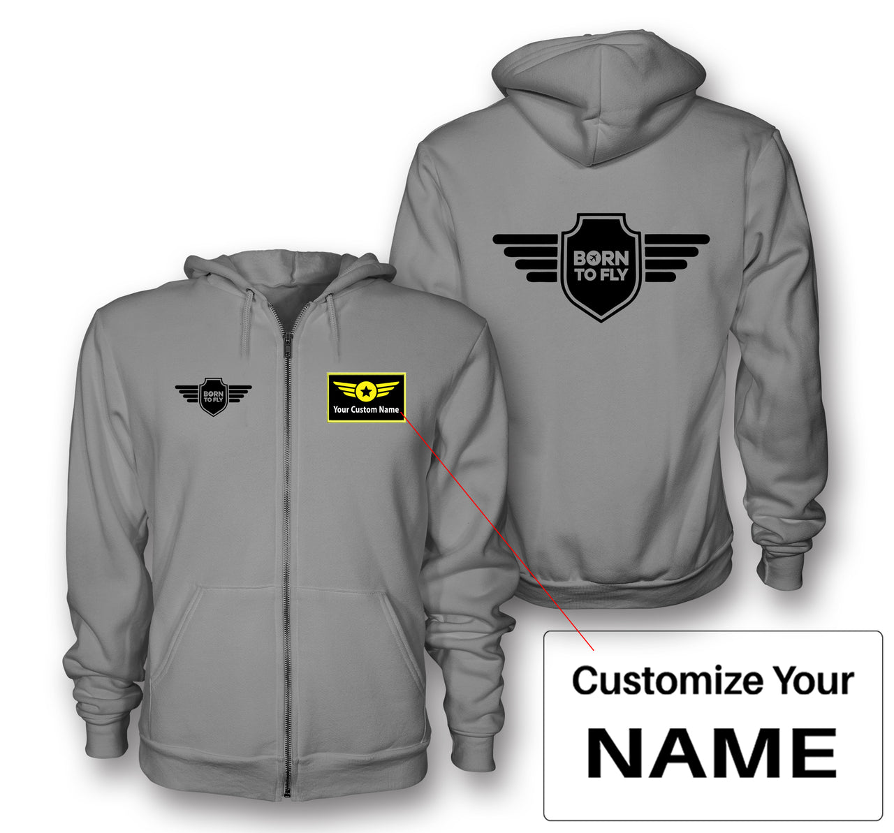 Born To Fly & Badge Designed Zipped Hoodies