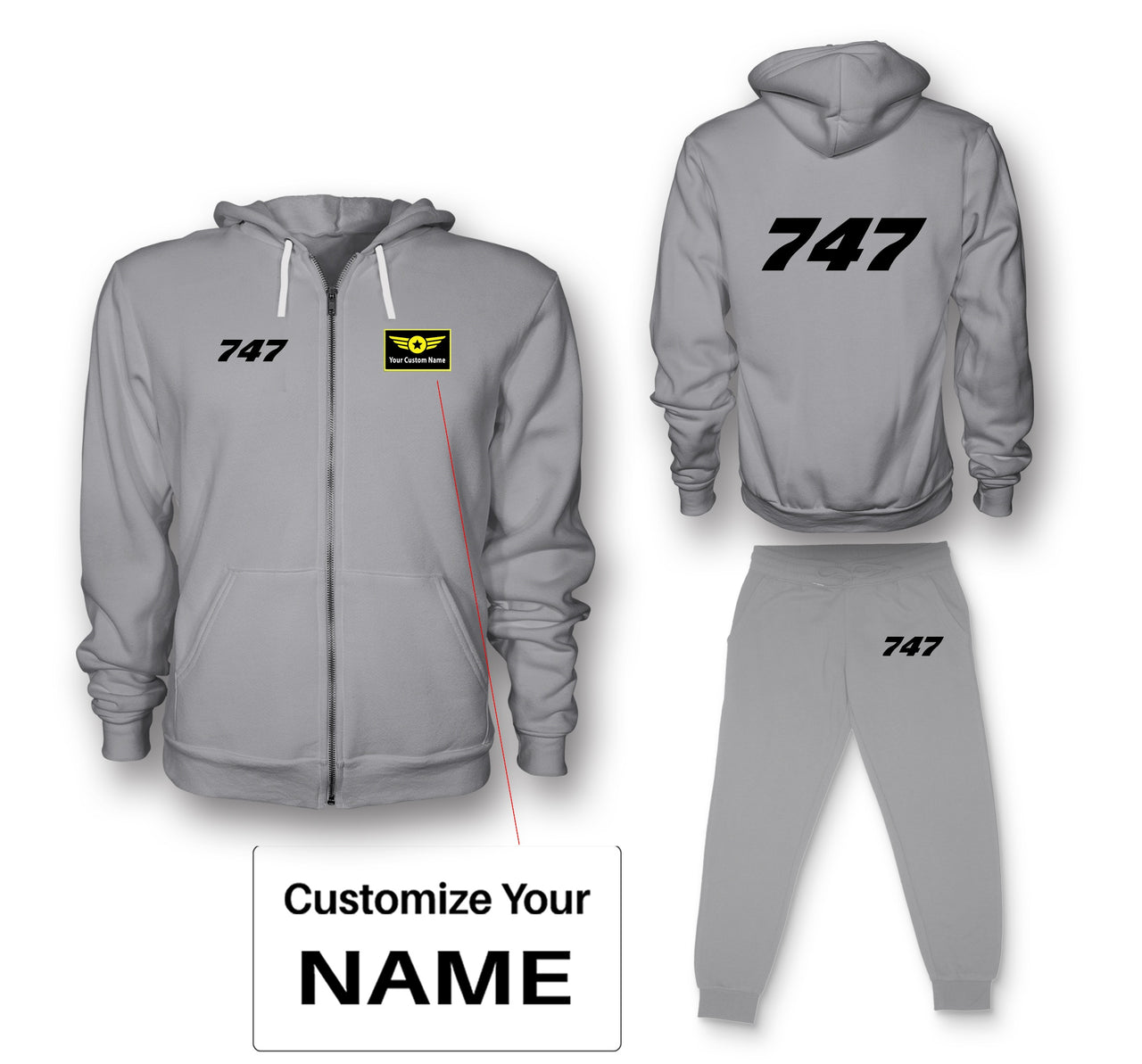 747 Flat Text Designed Zipped Hoodies & Sweatpants Set