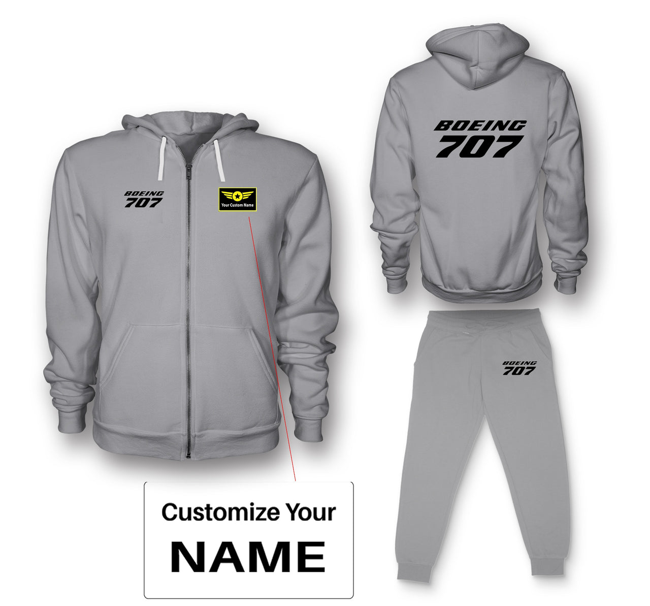 Boeing 707 & Text Designed Zipped Hoodies & Sweatpants Set