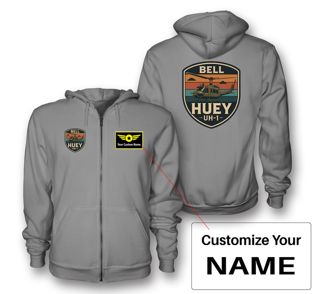 Retro BELL HUEY UH-1 Designed Zipped Hoodies