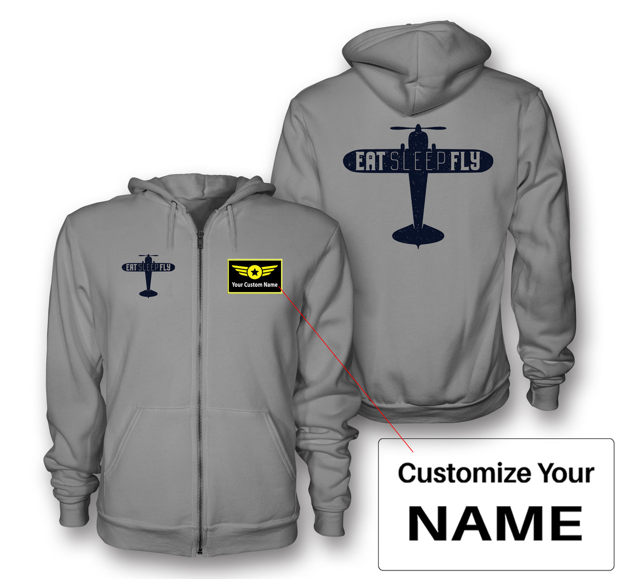 Eat Sleep Fly & Propeller Designed Zipped Hoodies