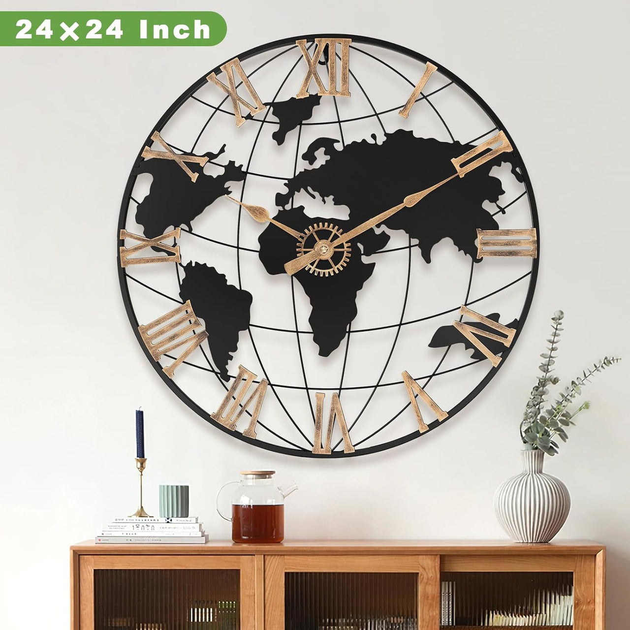 Large Map Metal Minimalist Round Silent Wall Clock