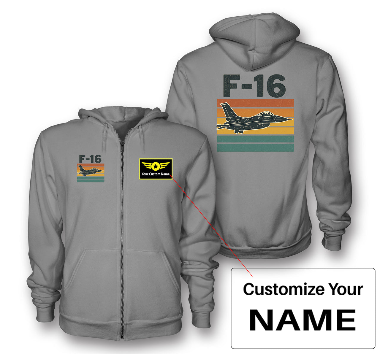 Retro Fighter Jet F16 Designed Zipped Hoodies