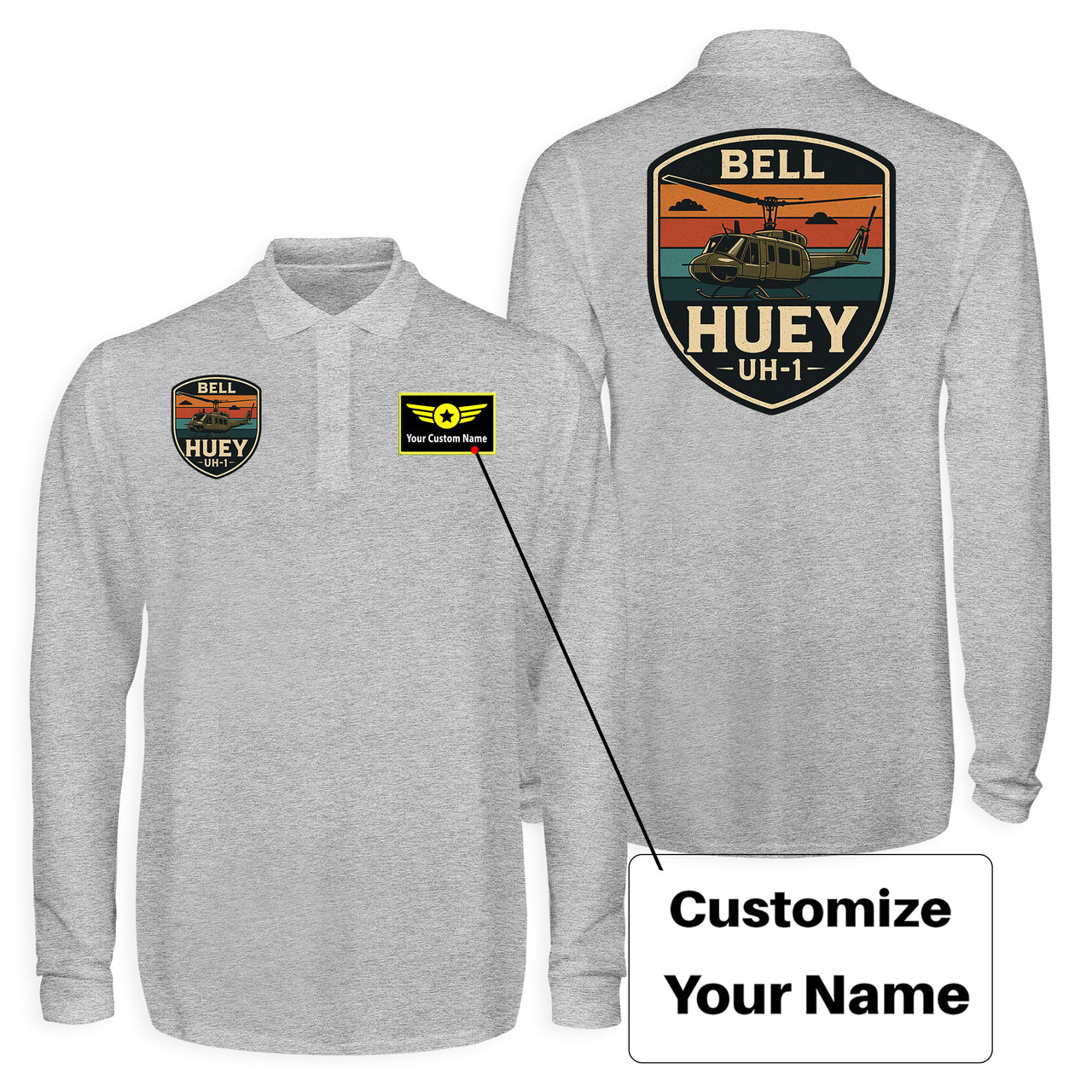 Retro BELL HUEY UH-1 Designed Long Sleeve Polo T-Shirts (Double-Side)