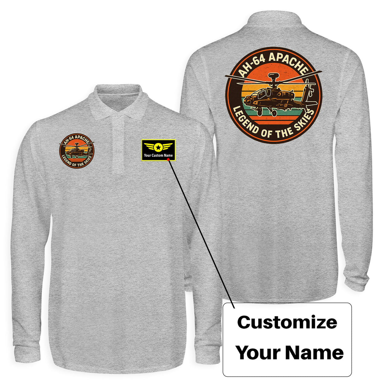 Retro Apache AH-64 Designed Long Sleeve Polo T-Shirts (Double-Side)