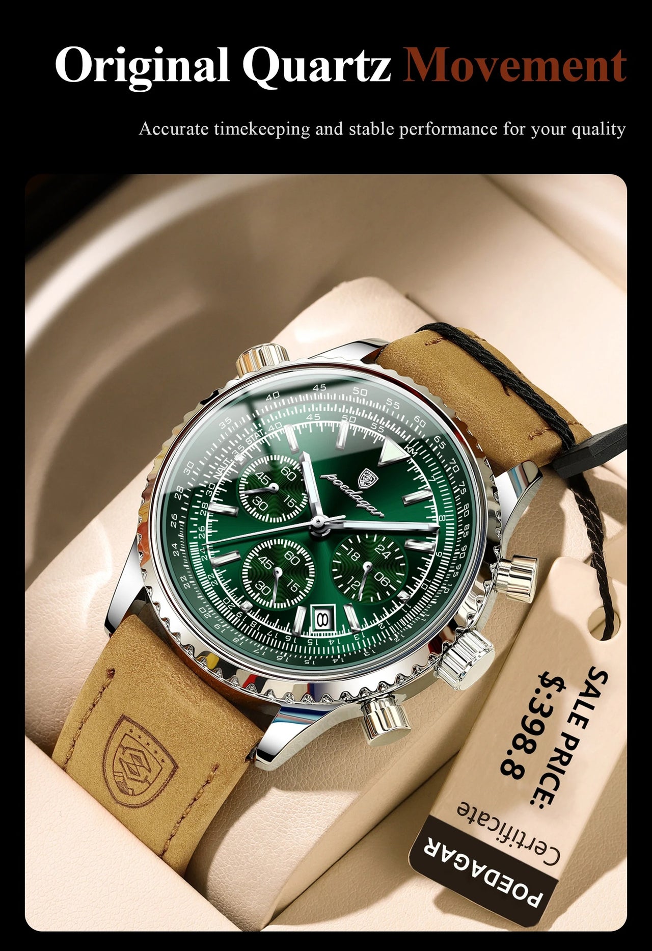 Luxury Military-Inspired Men's Quartz Watch: Premium Leather Strap, Waterproof Design with Chronograph, Date & Luminous Display