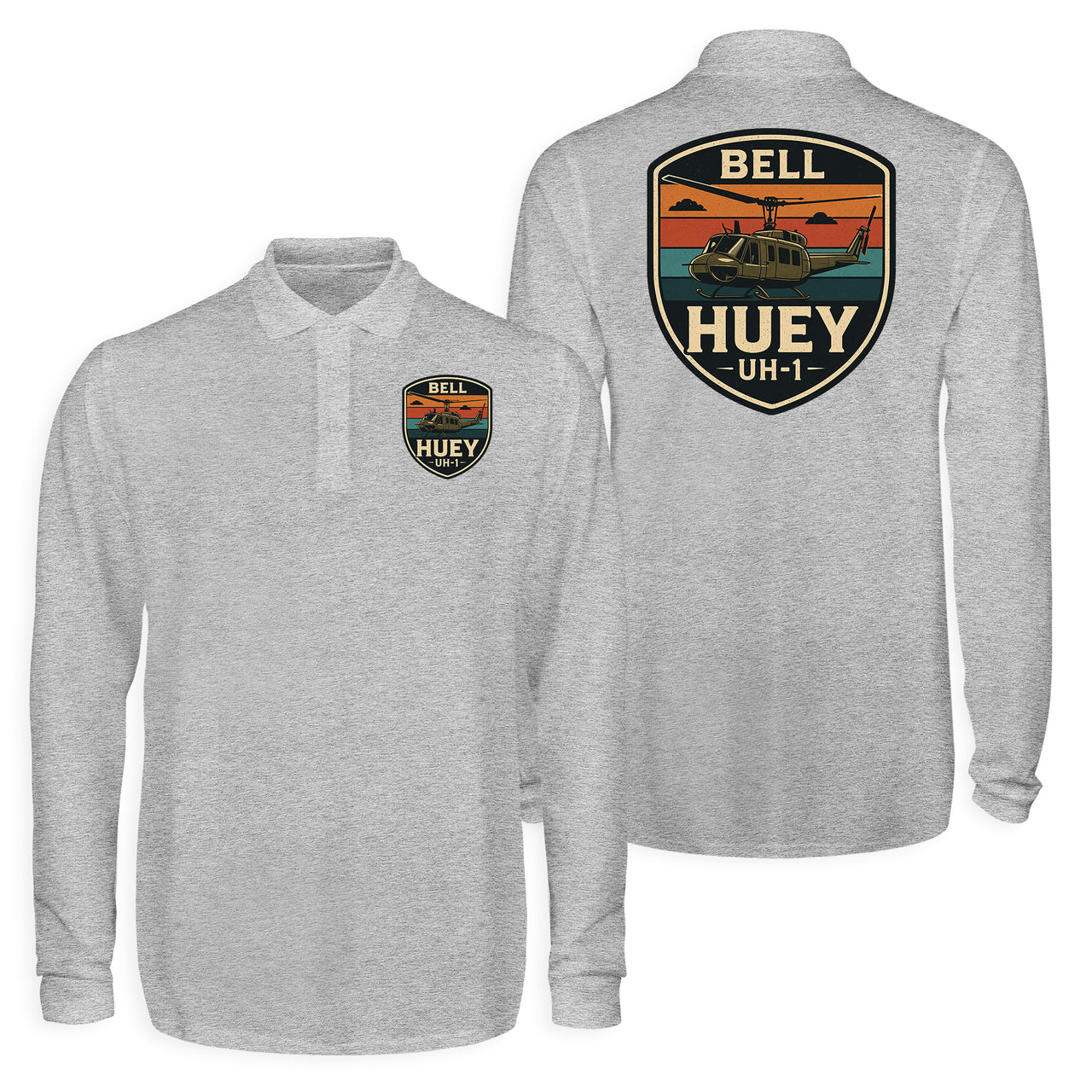 Retro BELL HUEY UH-1 Designed Long Sleeve Polo T-Shirts (Double-Side)