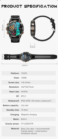 Thumbnail for KT88 Sports Smart Watch: 1.7 Inch Fitness Recording Flashlight, Compass & Large Battery