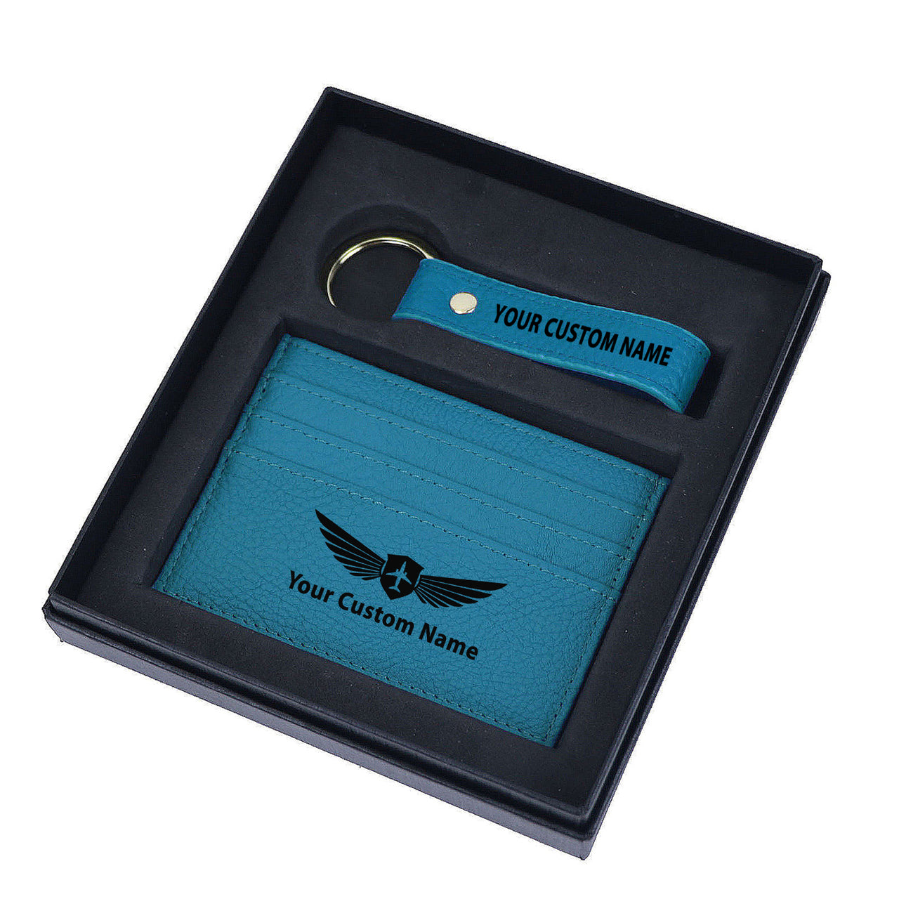 Your Custom Name/Text Genuine Leather Cardholder Key Ring Gift Box Set