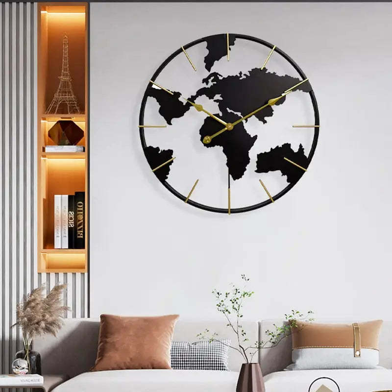 Large Map Metal Minimalist Round Silent Wall Clock