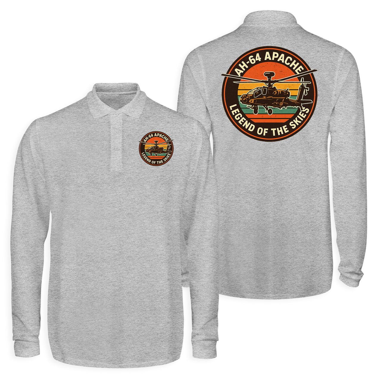 Retro Apache AH-64 Designed Long Sleeve Polo T-Shirts (Double-Side)