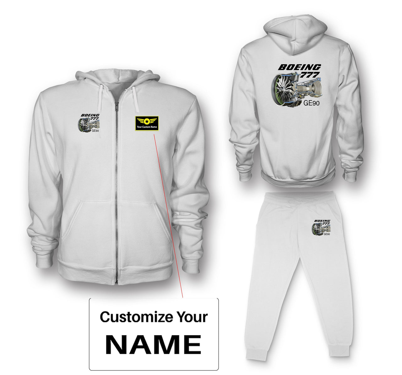 Boeing 777 & GE90 Engine Designed Zipped Hoodies & Sweatpants Set