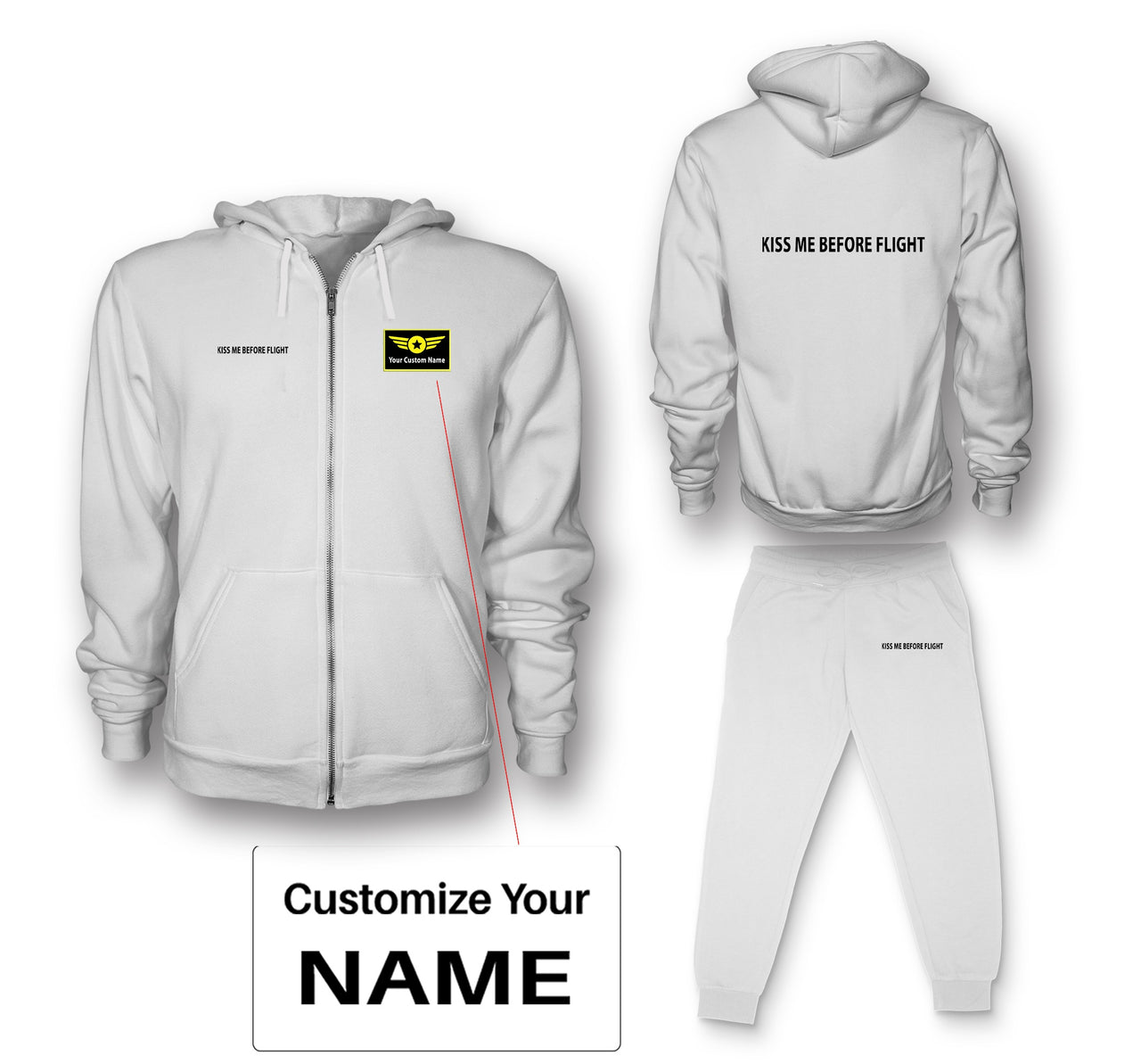 KISS ME BEFORE FLIGHT Designed Zipped Hoodies & Sweatpants Set