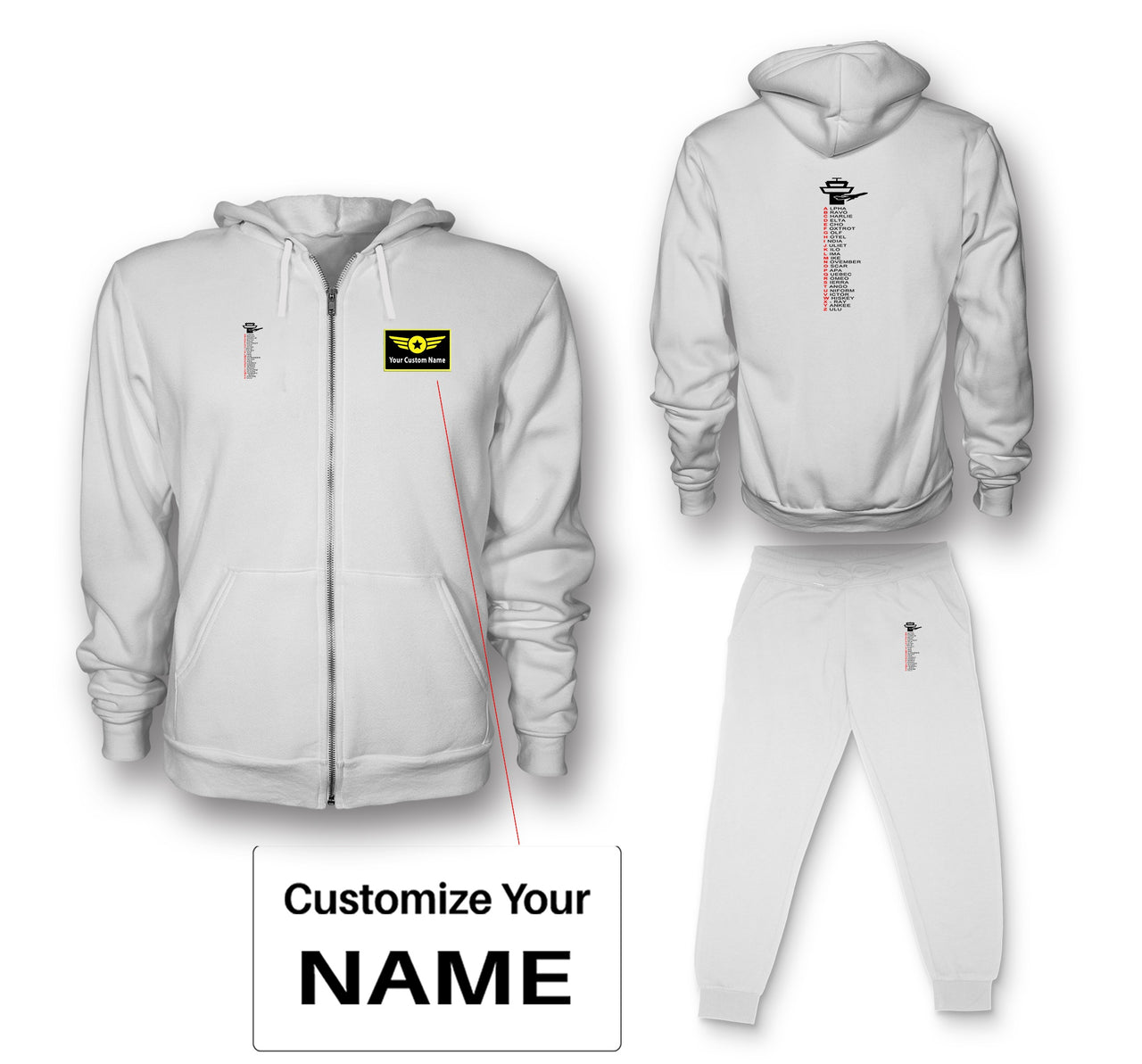 Aviation Alphabet Designed Zipped Hoodies & Sweatpants Set