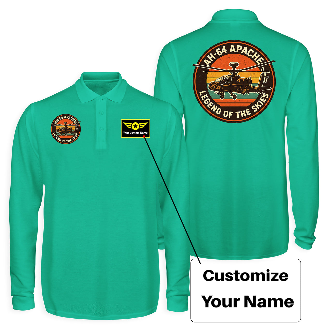 Retro Apache AH-64 Designed Long Sleeve Polo T-Shirts (Double-Side)