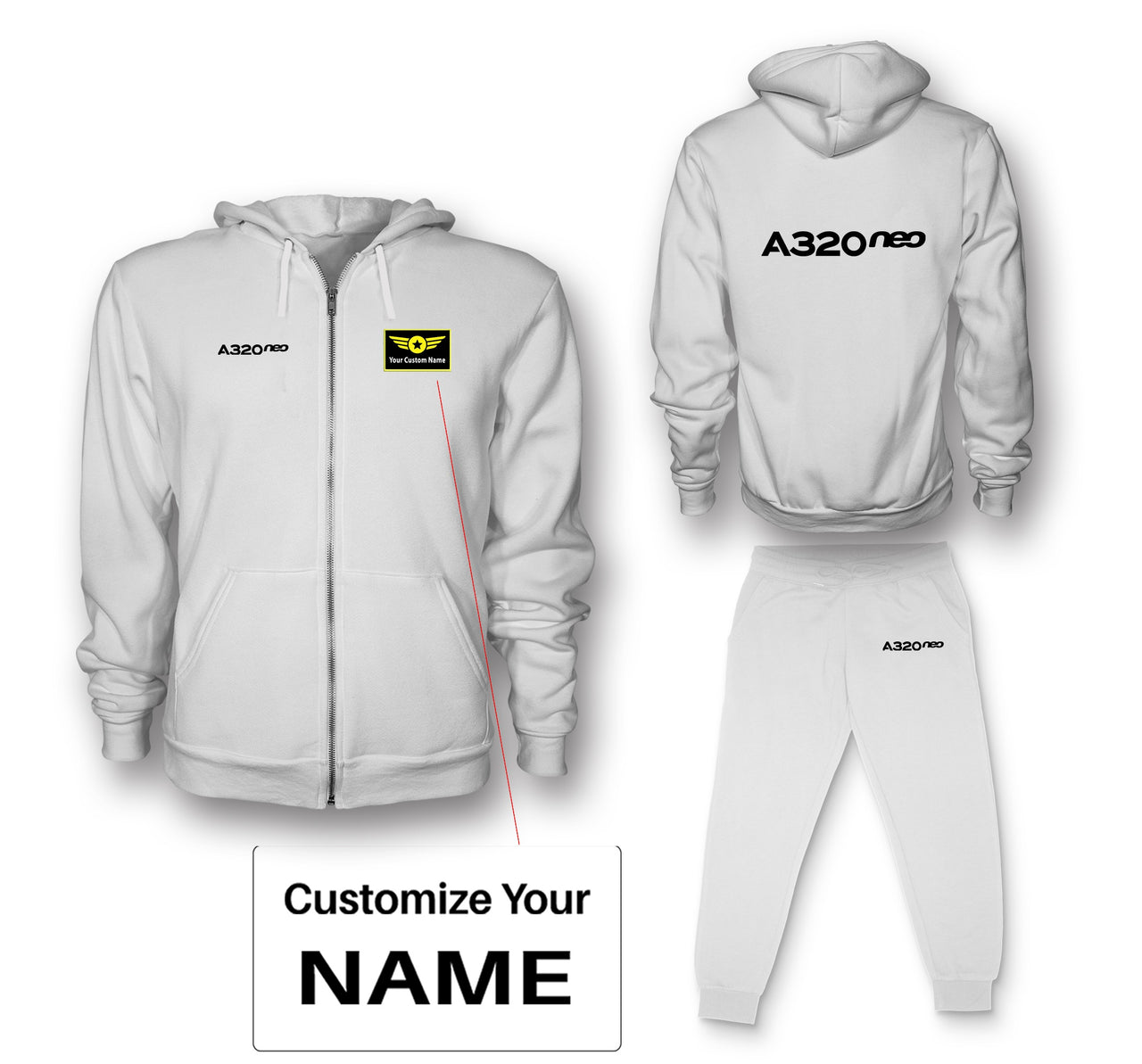 A320neo & Text Designed Zipped Hoodies & Sweatpants Set
