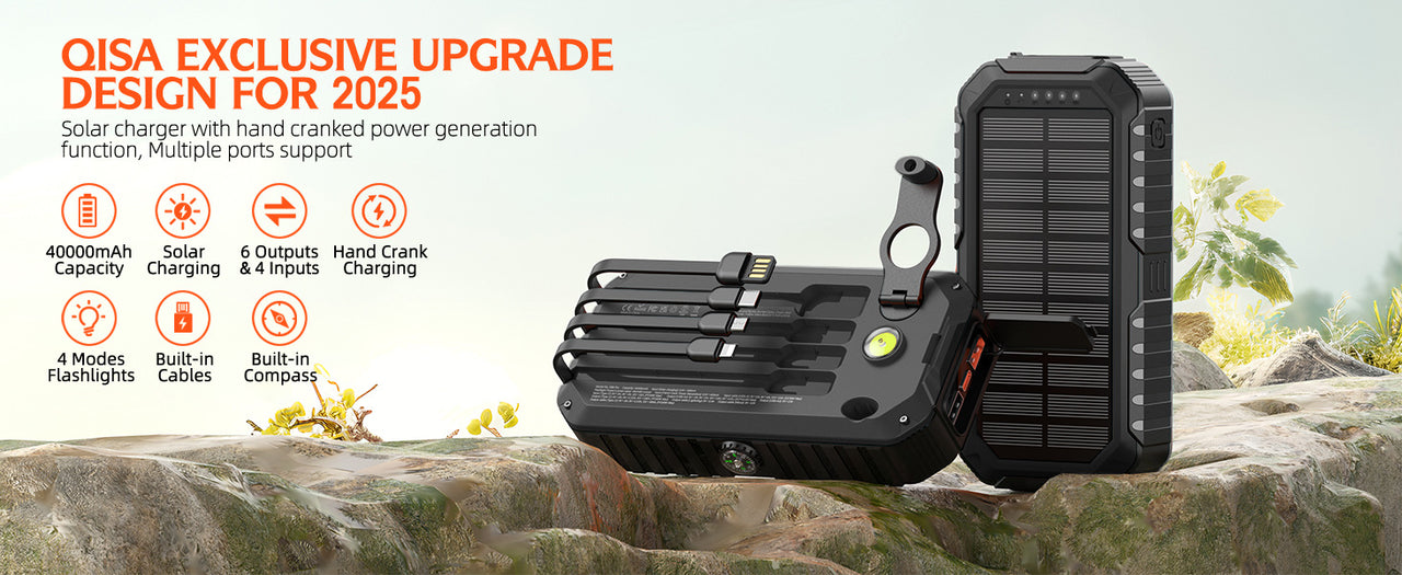 20000mAh Solar Power Bank: 4 Built-in Cables, Hand Crank, 6 Outputs/4 Inputs