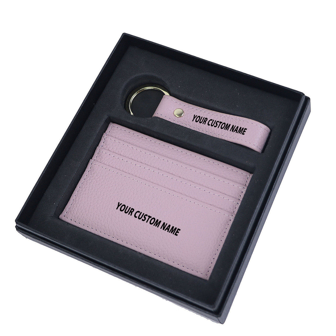 Your Custom Name Genuine Leather Cardholder Key Ring Gift Box Set