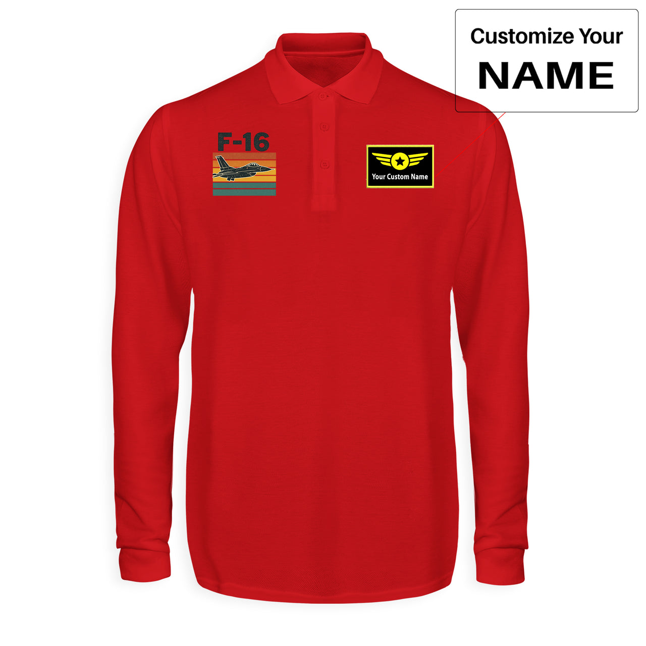 Retro Fighter Jet F16 Designed Long Sleeve Polo T-Shirts