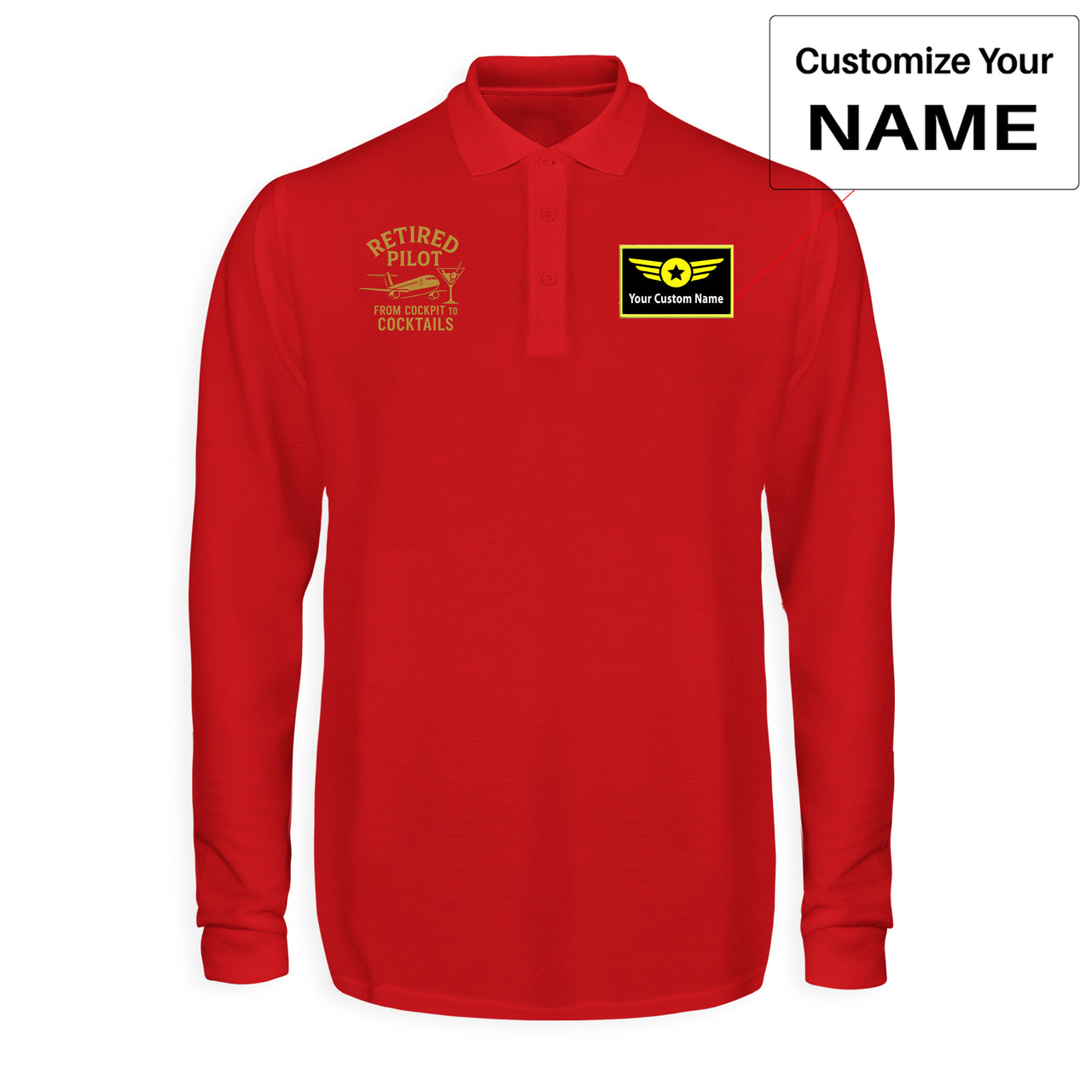 Retired Pilot & Coctails Designed Long Sleeve Polo T-Shirts
