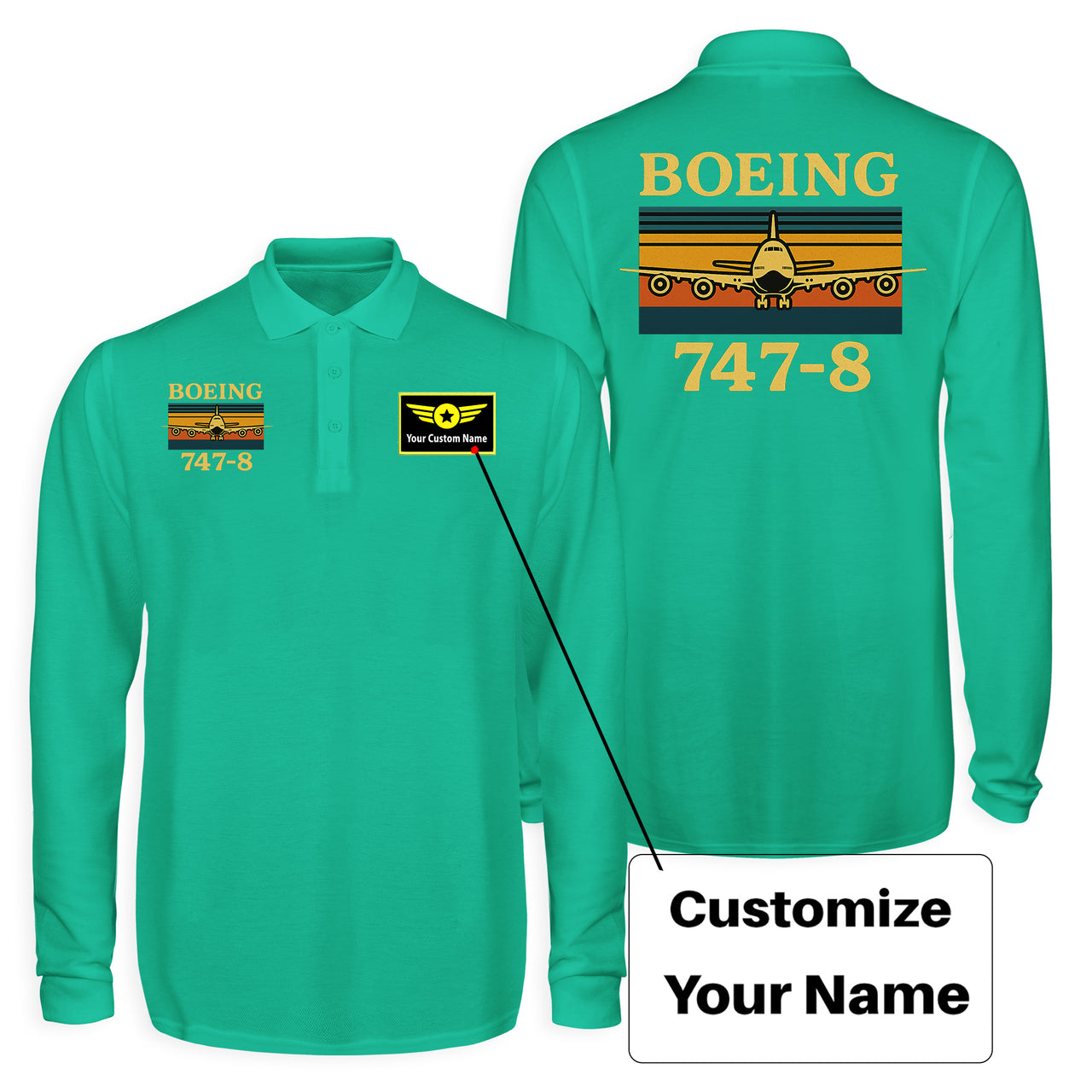 Retro Boeign 747-8 Designed Long Sleeve Polo T-Shirts (Double-Side)