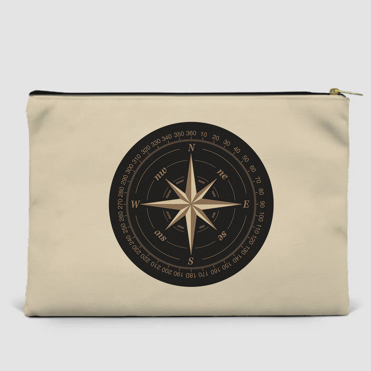 Black Vintage Style Compass Designed Zipper Pouch