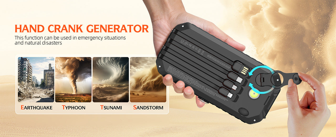 20000mAh Solar Power Bank: 4 Built-in Cables, Hand Crank, 6 Outputs/4 Inputs