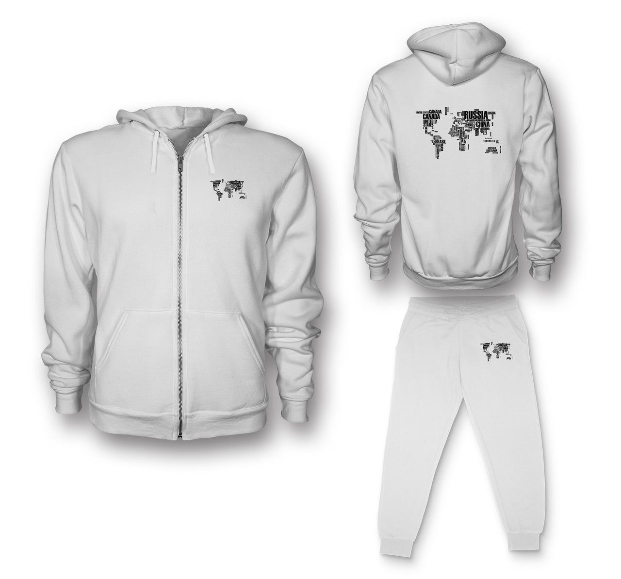 World Map (Text) Designed Zipped Hoodies & Sweatpants Set