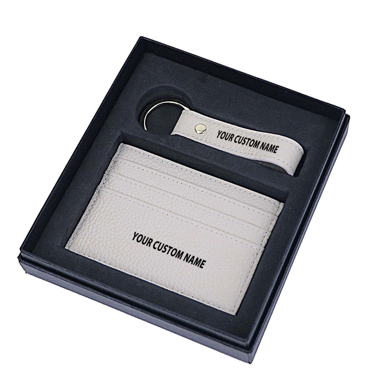 Your Custom Name Genuine Leather Cardholder Key Ring Gift Box Set