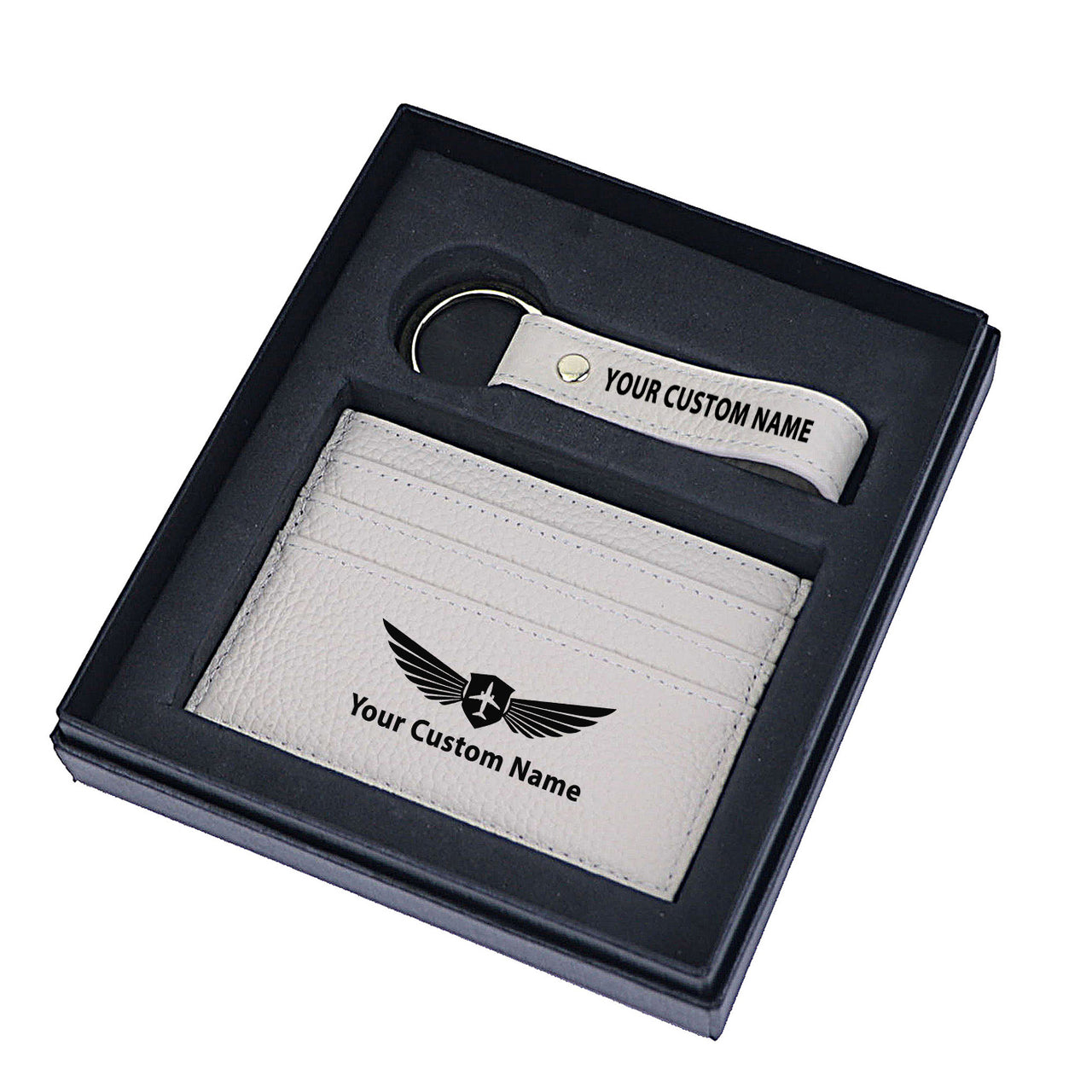 Your Custom Name/Text Genuine Leather Cardholder Key Ring Gift Box Set