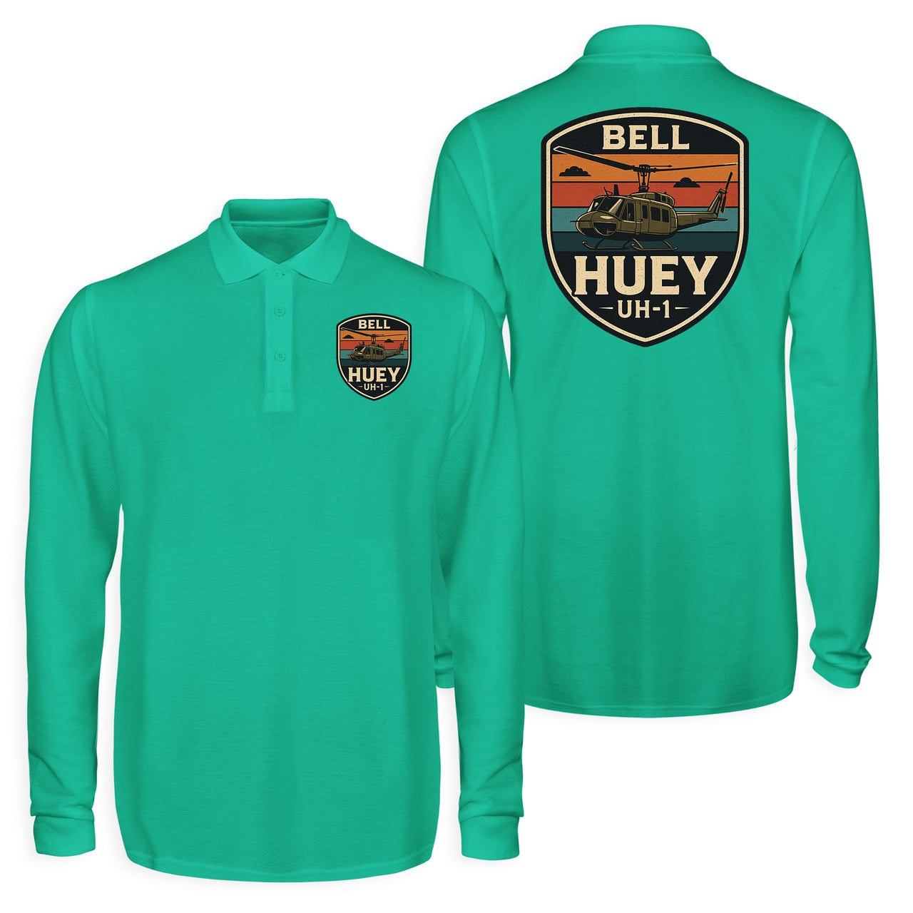 Retro BELL HUEY UH-1 Designed Long Sleeve Polo T-Shirts (Double-Side)