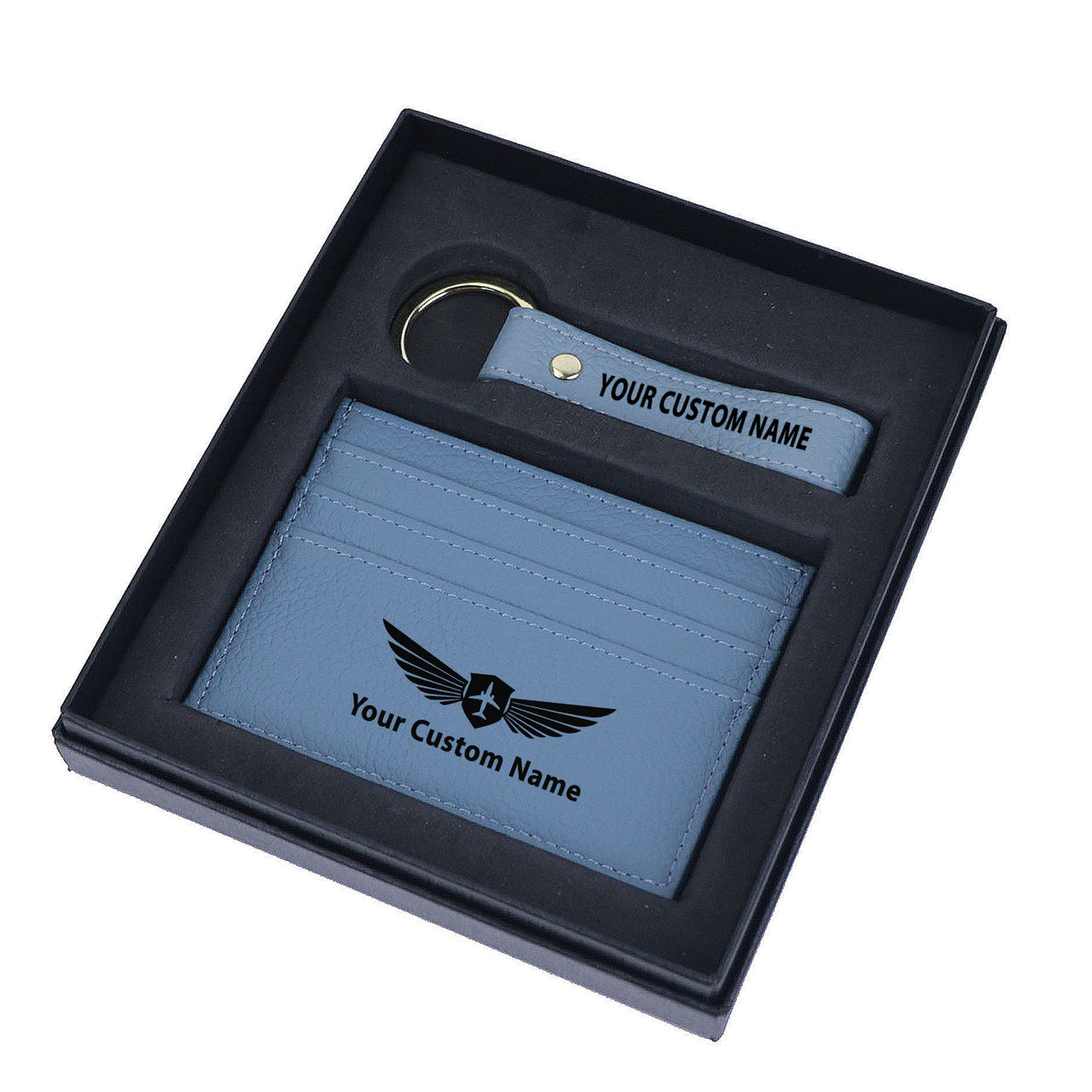 Your Custom Name/Text Genuine Leather Cardholder Key Ring Gift Box Set
