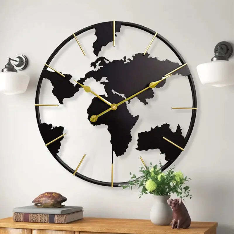 Large Map Metal Minimalist Round Silent Wall Clock