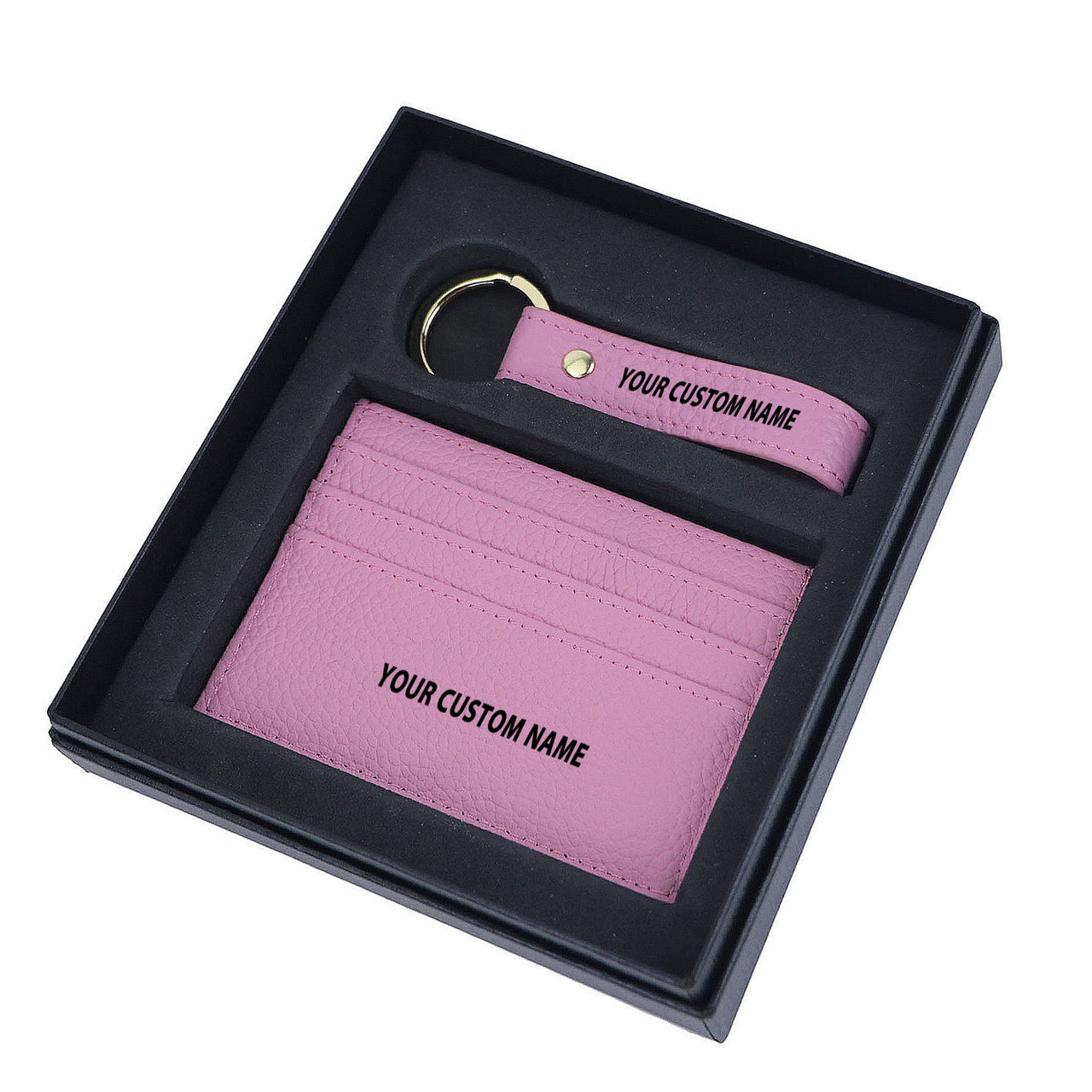 Your Custom Name Genuine Leather Cardholder Key Ring Gift Box Set