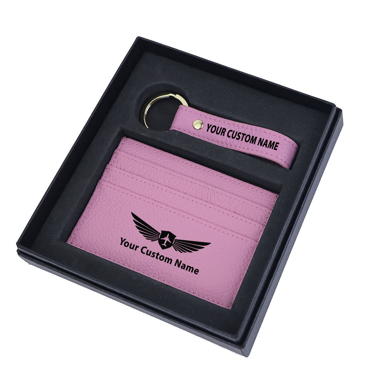 Your Custom Name/Text Genuine Leather Cardholder Key Ring Gift Box Set