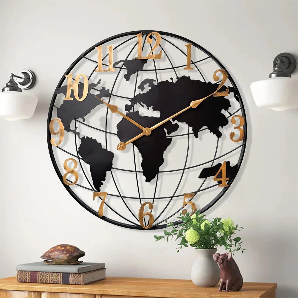 Large Map Metal Minimalist Round Silent Wall Clock