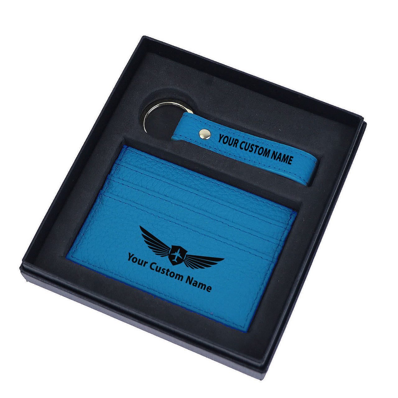 Your Custom Name/Text Genuine Leather Cardholder Key Ring Gift Box Set