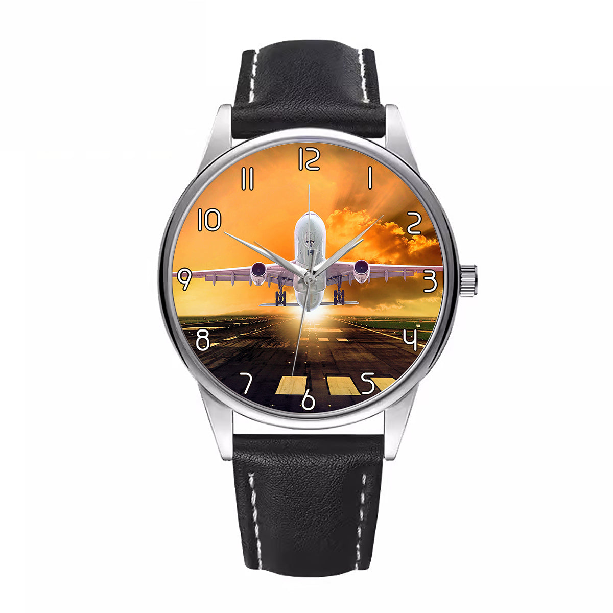 Amazing Departing Aircraft Sunset & Clouds Behind Designed Fashion Leather Strap Watches