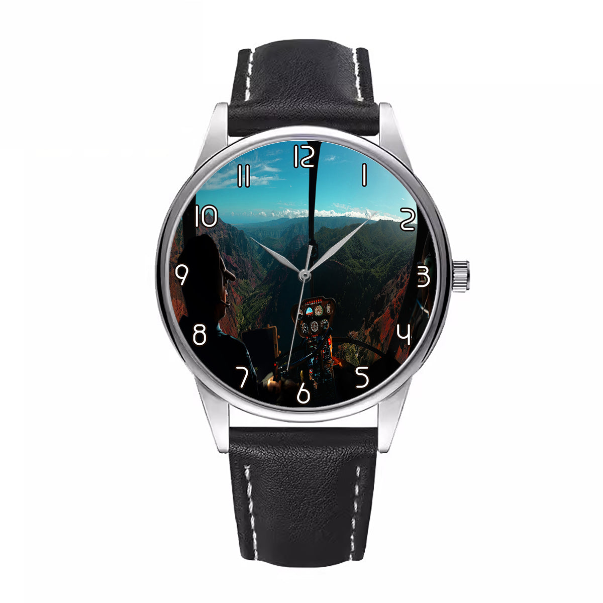 Beautiful Scenary Through Helicopter Cockpit Designed Fashion Leather Strap Watches