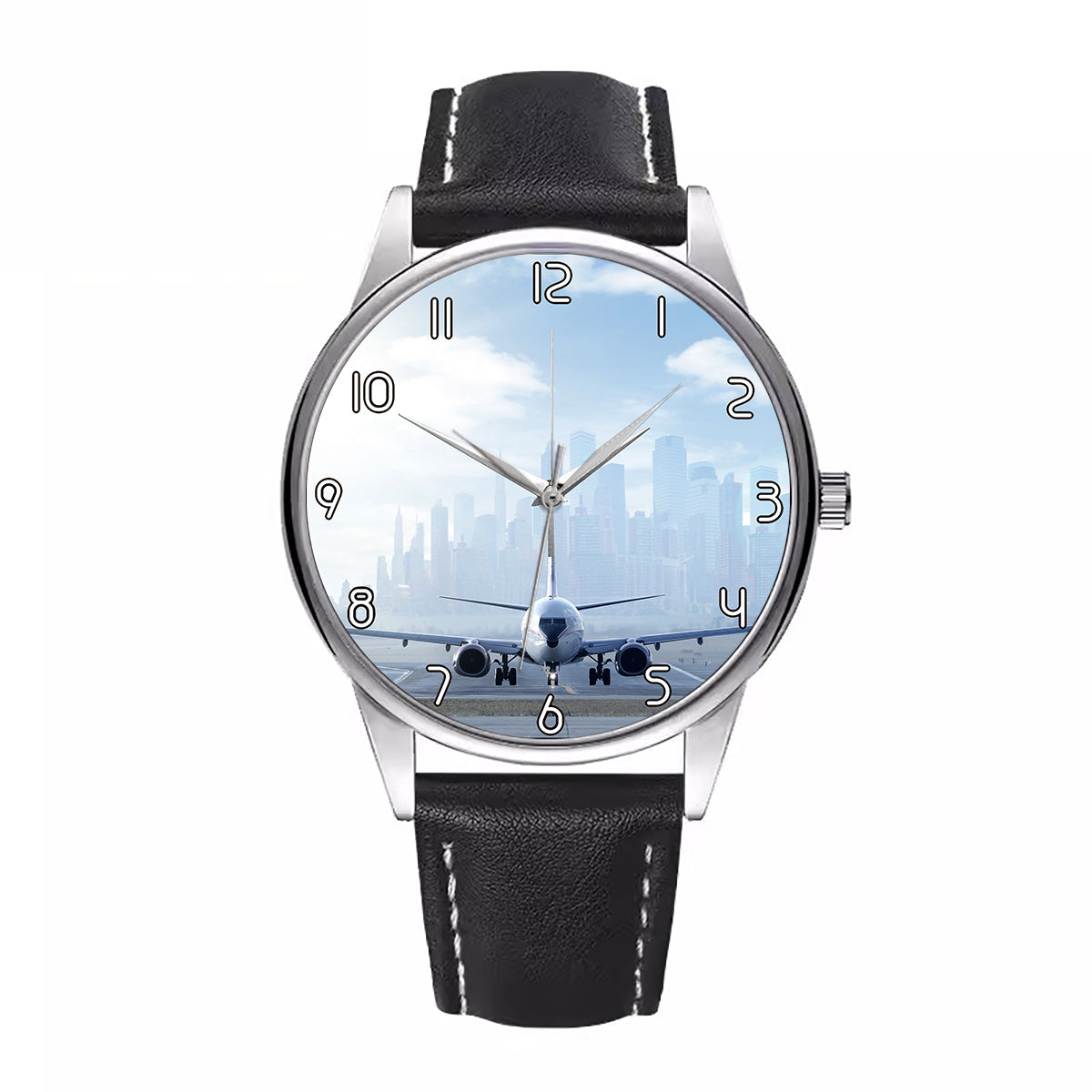 Boeing 737 & City View Behind Designed Fashion Leather Strap Watches