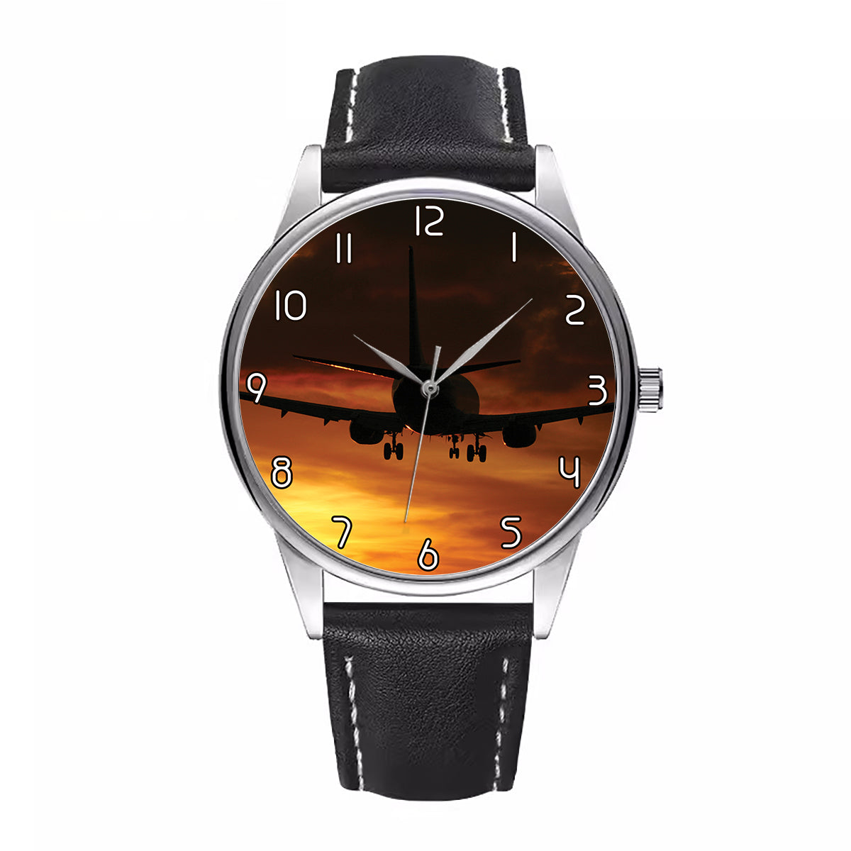 Beautiful Aircraft Landing at Sunset Designed Fashion Leather Strap Watches