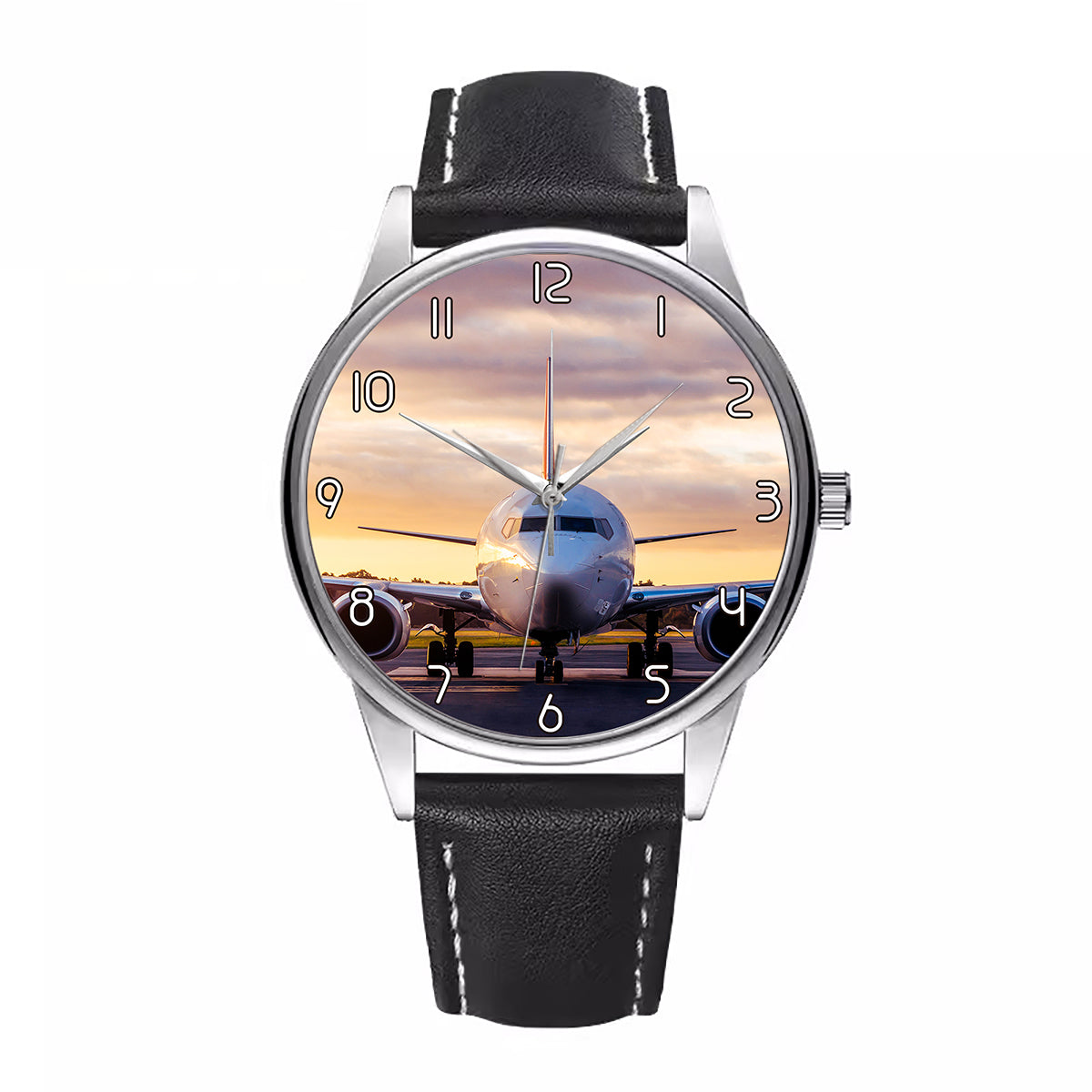 Face to Face with Boeing 737-800 During Sunset Designed Fashion Leather Strap Watches