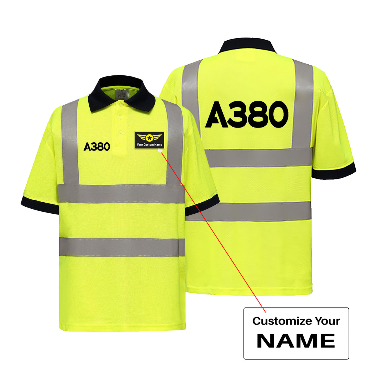 A380 Flat Text Designed Reflective Polo T-Shirts