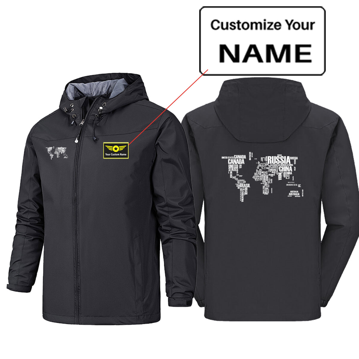 World Map (Text) Designed Rain Jackets & Windbreakers