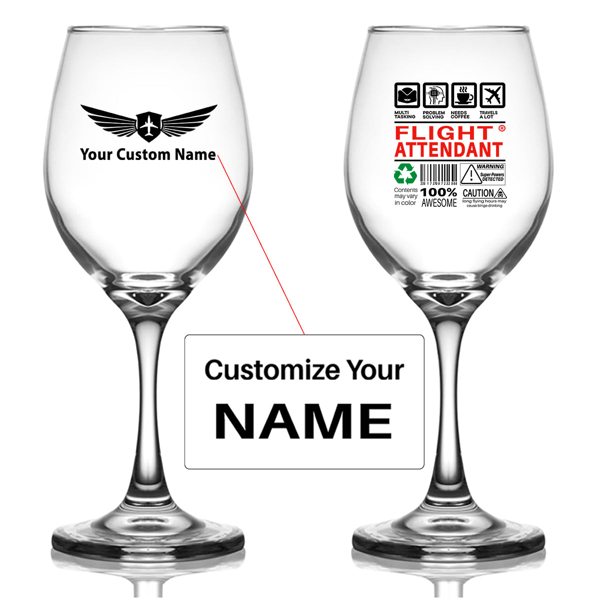 Flight Attendant Label Designed Wine Glasses