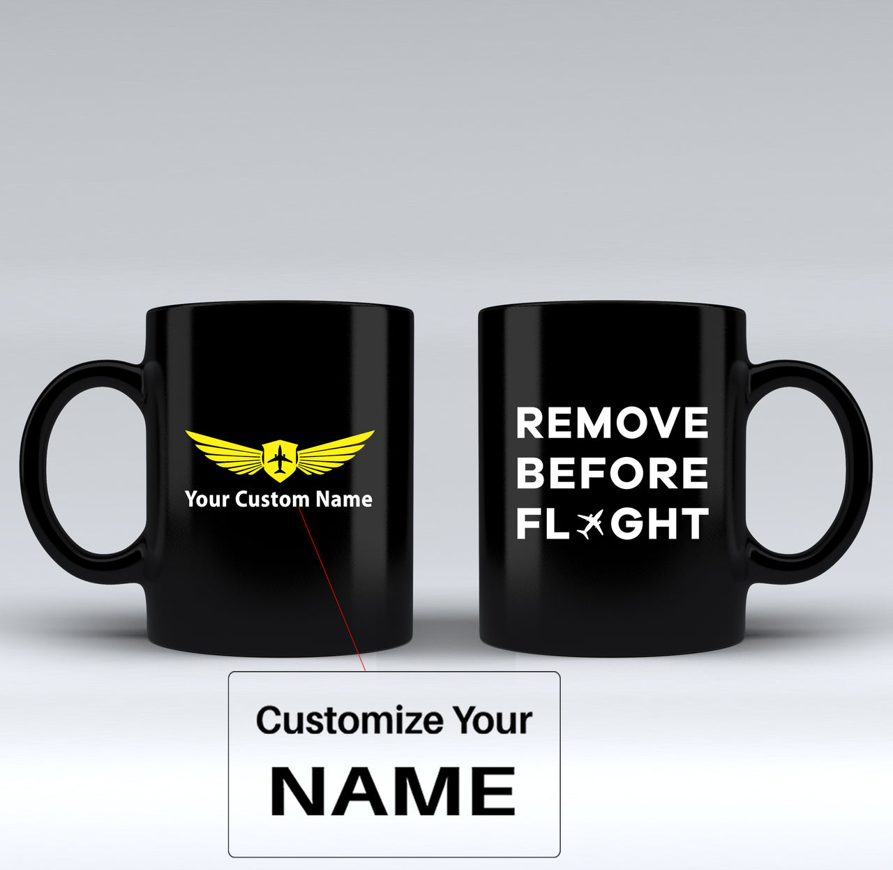 Remove Before Flight Designed Black Mugs
