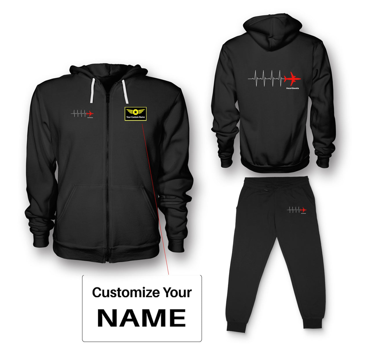 Aviation Heartbeats Designed Zipped Hoodies & Sweatpants Set