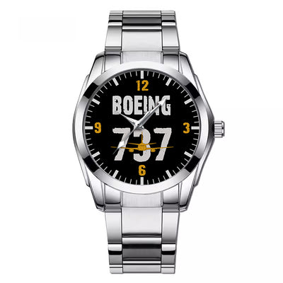 Side view of Boeing 737 aviation watch with stainless steel band in stainless steel, polished finish.