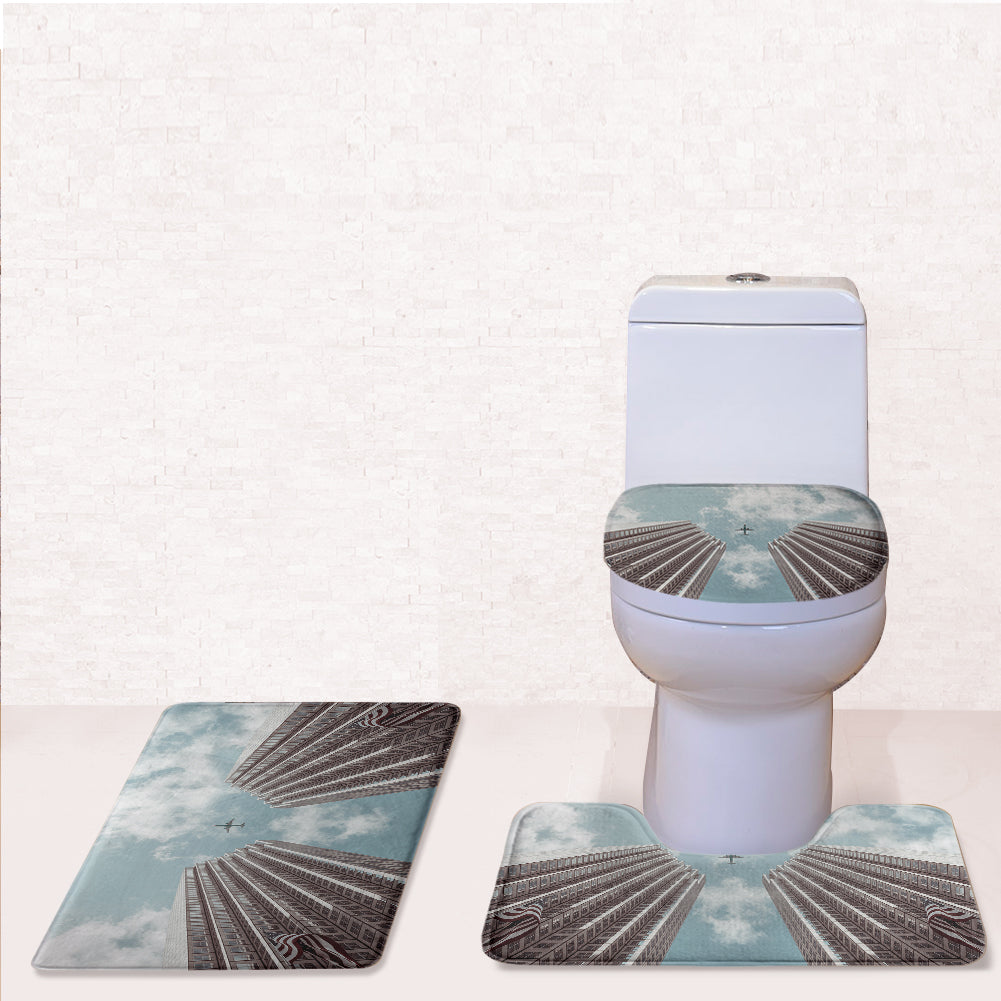 Airplane Flying over Big Buildings Designed Toilet Seat Cover Three-piece Set